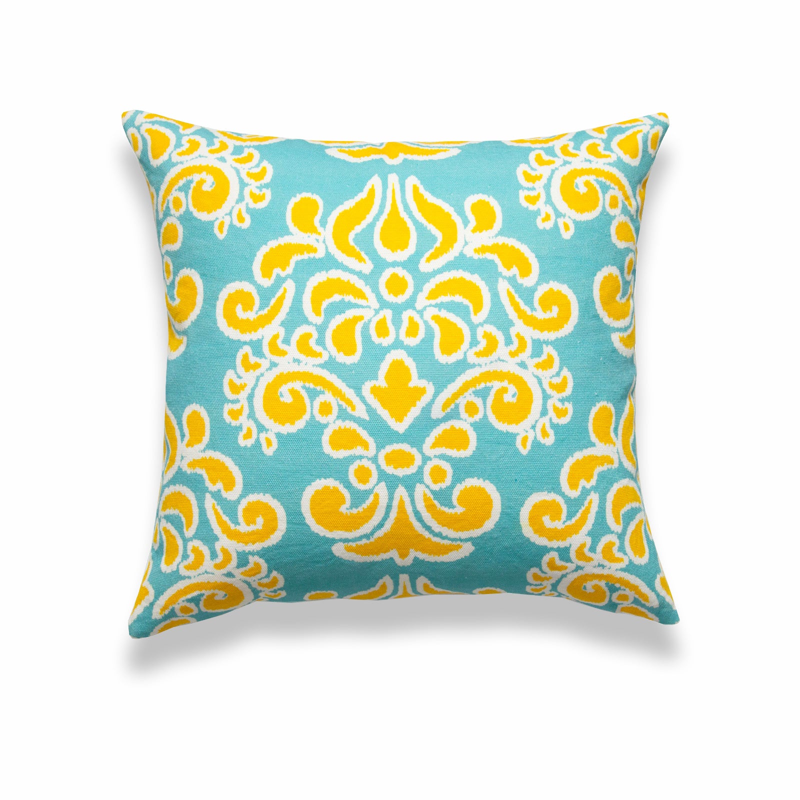 Ikat Inspired Pillow Cover, Damask, Yellow Aqua, 18"x18"