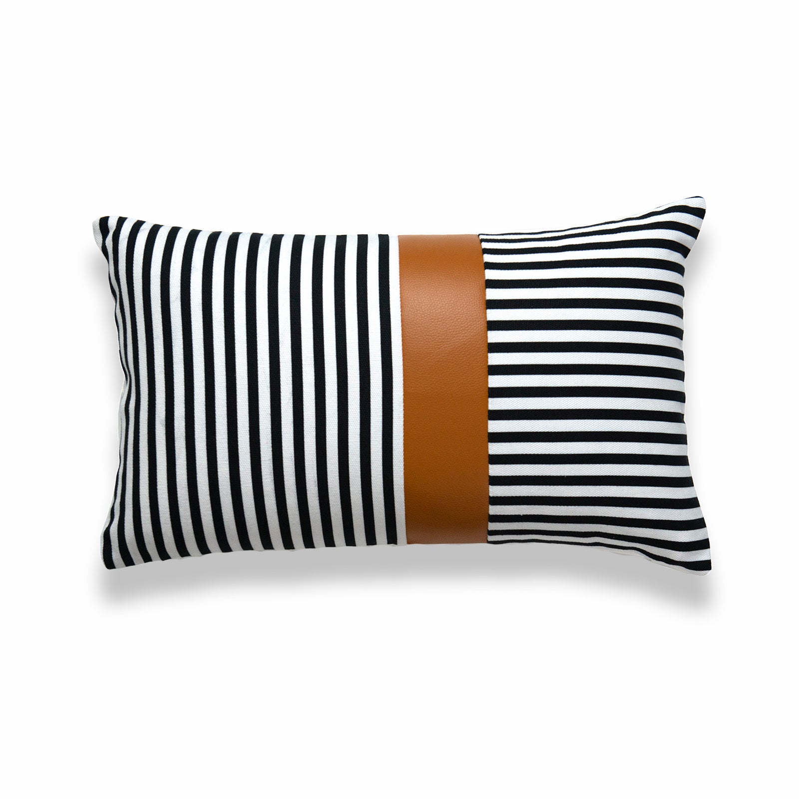 Faux Leather Lumbar Pillow Cover, Modern Design Stripes, Camel Black, 12"x20"
