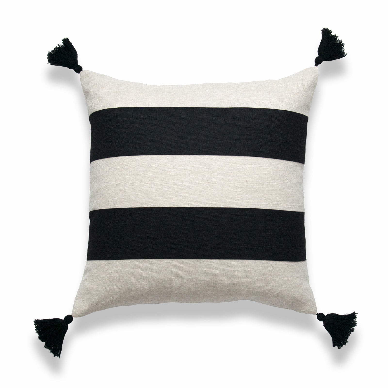 Moroccan Tassel Neutral Pillow Cover, Stripes, Black Beige, 18"x18"