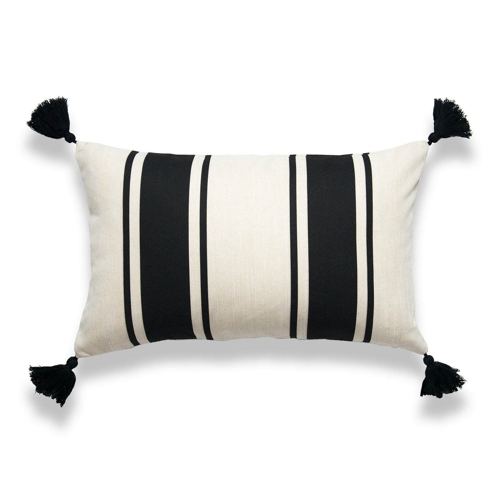 Moroccan Tassel Neutral Lumbar Pillow Cover, Stripes, Beige Black, 12"x20"