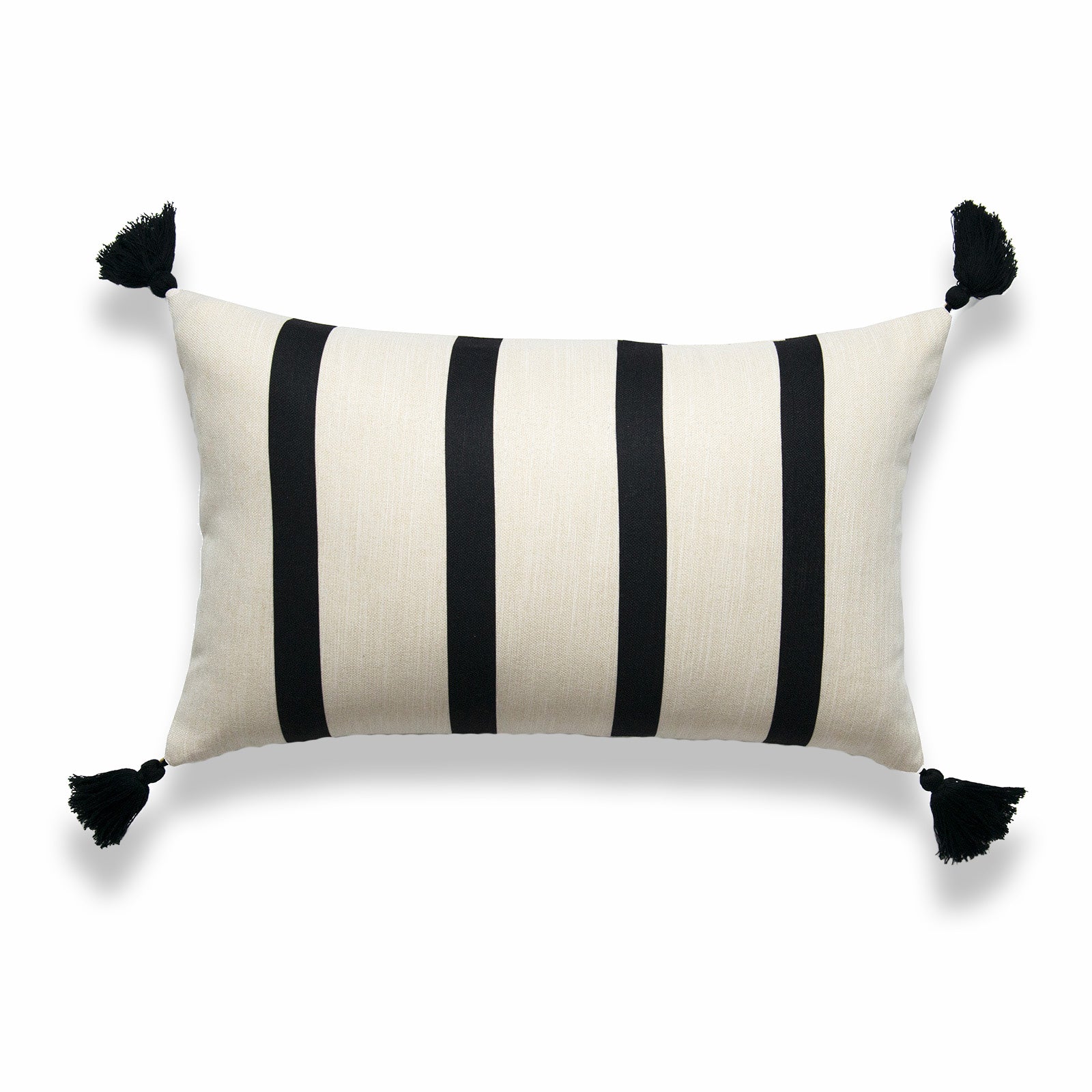 Moroccan Tassel Neutral Lumbar Pillow Cover, Striped, Beige Black, 12"x20"