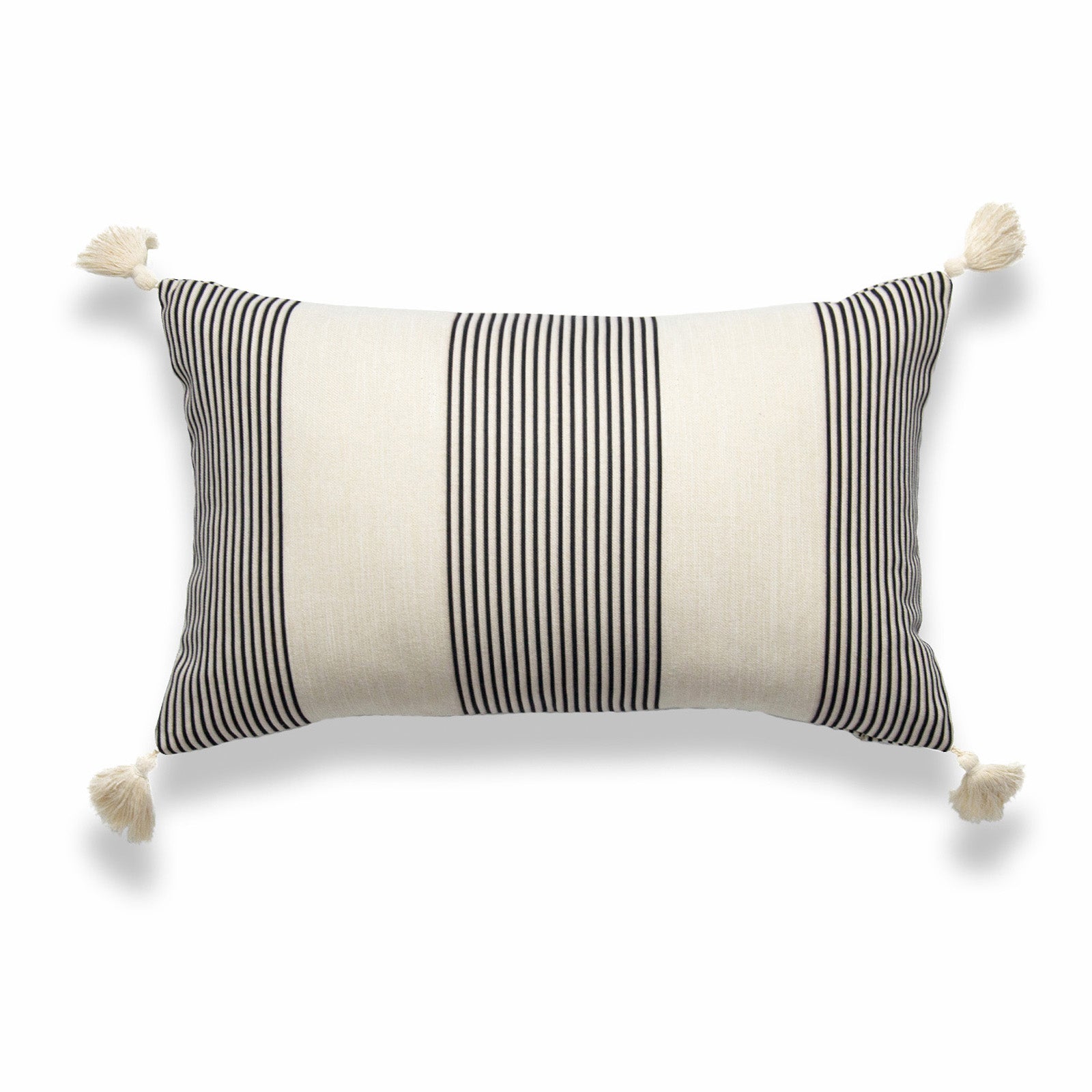 Moroccan Tassel Neutral Lumbar Pillow Cover, Stripes, Gray Beige , 12"x20"