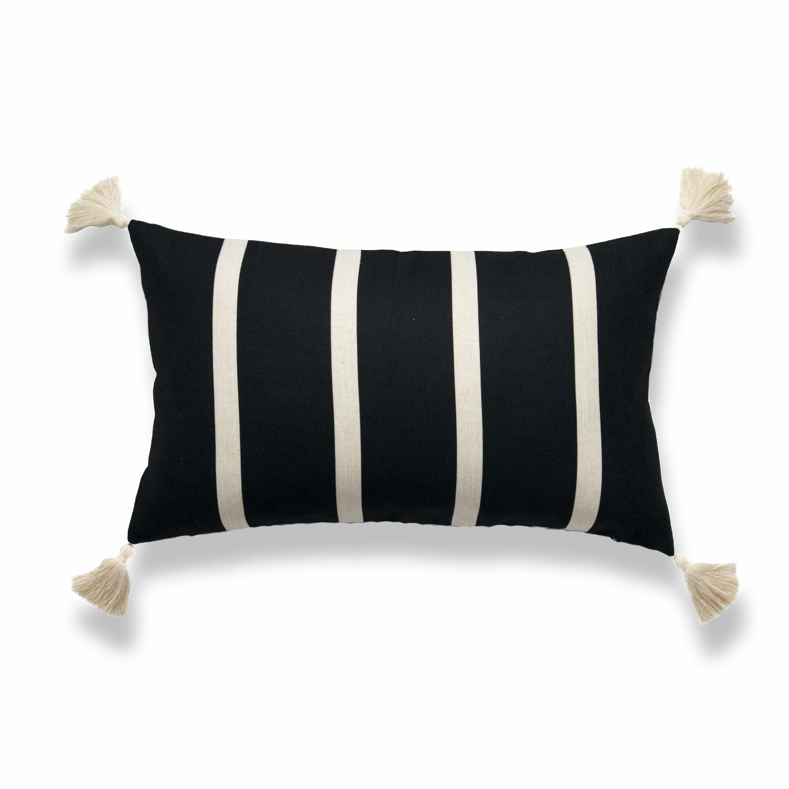 Moroccan Tassel Neutral Lumbar Pillow Cover, Stripes, Black Beige , 12"x20"