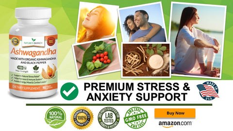 a collage of photos with Nature’s Branch Ashwagandha Supplement, a girl looking up with closed eyes, a couple, pictures of ashwagandha herbs, and a girl relaxing by a beach. Image texts that says “Premium Stress & Anxiety Support” with Different Badges and and Amazon Buy now button.