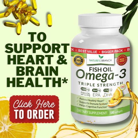 Nature's branch Omega-3 Fish Oil Supplement with a text "To Support Heart & Brain Health*", a Click here to order button with product decors of fish oil softgels, lemon, leaves and oil splash