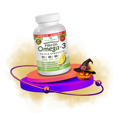 bottle of Omega 3 Fish Oil on a violet platform with orange dust and a pumpkin with a withc hat on halloween decor