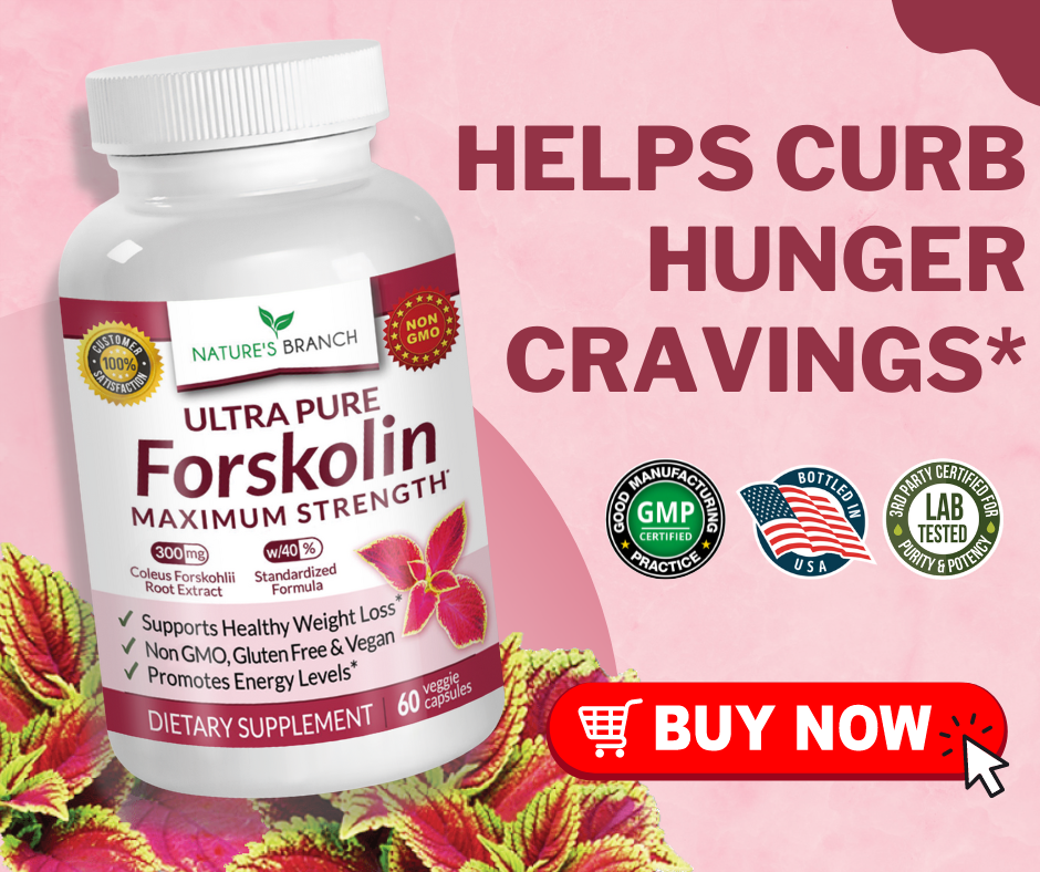 An Image of Nature's Branch Forskolin Supplement with a text "Helps curb hunger cravings" Product Badges, Forskolin leaves and a buy now click button