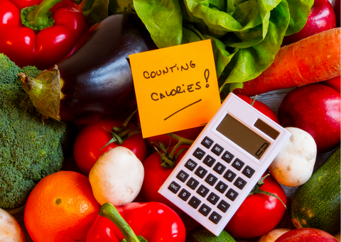 A calculator and a paper note with a written text "counting calories!" on a pile of vegetables