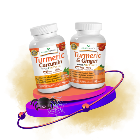 bottle of Turmeric Curcumin and Turmeric & Ginger on a violet platform with orange dust and a spider halloween decor
