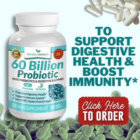 Nature's branch 60 Billion Probiotic Supplement with a text "To Support Digestive Health & Boost Immunity*", a Click here to order button with product decors of white capsules, and probiotic enzymes