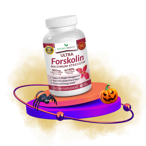 bottle of Forskolin on a violet platform with orange dust and a spider halloween decor