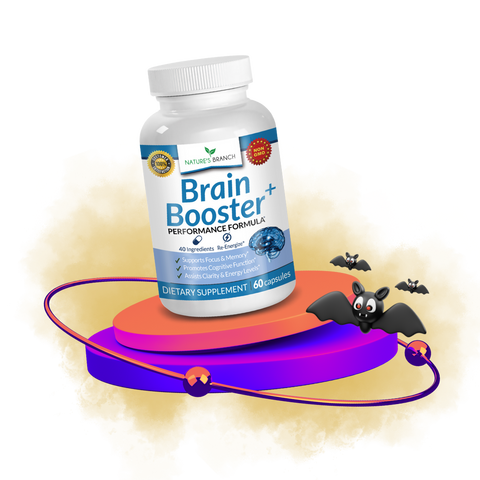 bottle of Brain Booster on a violet platform with orange dust and a spider halloween decor
