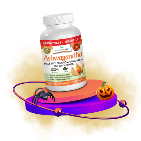 bottle of Ashwagandha on a violet platform with orange dust and a spider & pumpkin halloween decor