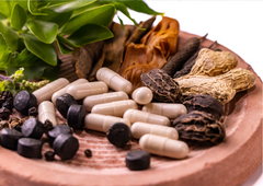 a group of pills and herbs on a plate