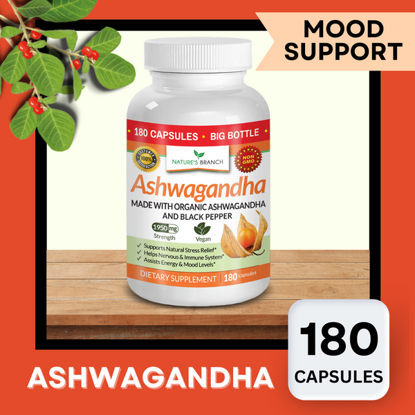 A bottle of Nature's Branch Ashwagandha Supplement on a wooden table