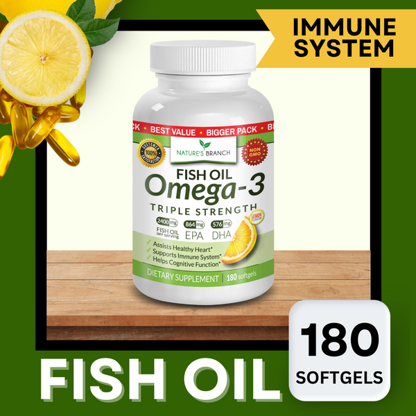 A bottle of Nature's Branch Omega-3 Fish Oil Supplement on a wooden table