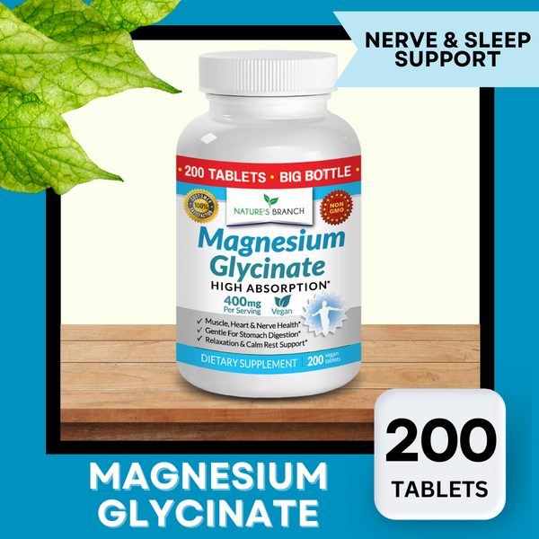 A bottle of Nature's Branch Magnesium Glycinate Supplement on a wooden table