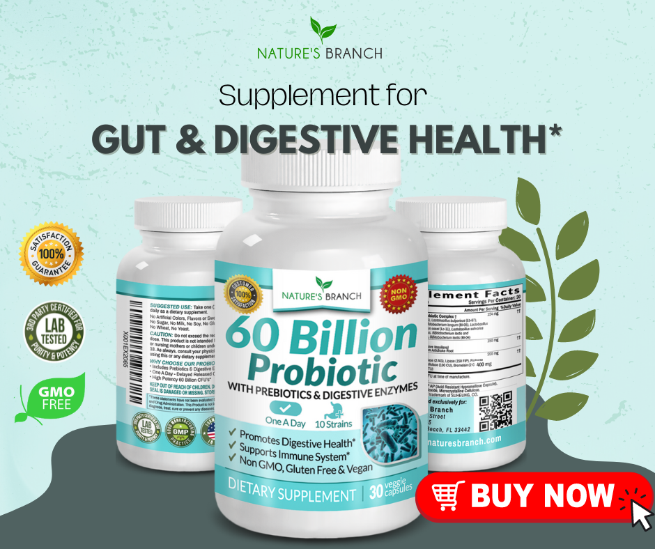 Nature's Branch Probiotic Supplement with a text "supplement for gut & digestive health", some product badges and a buy now button