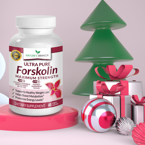 Nature's Branch Forskolin Supplement placed on a platform with some christmas decors