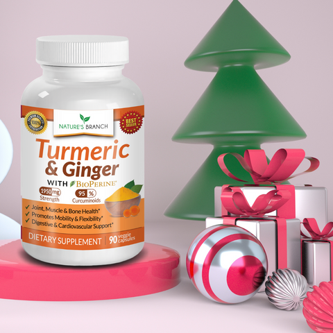 Nature's Branch Turmeric & Ginger Supplement placed on a platform with some christmas decors