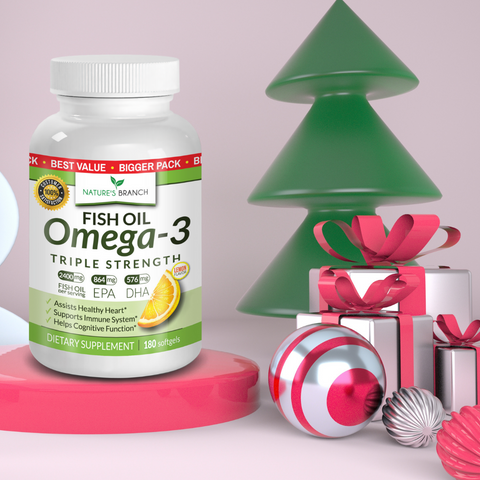 Nature's Branch Omega-3 Fish Oil Supplement placed on a platform with some christmas decors