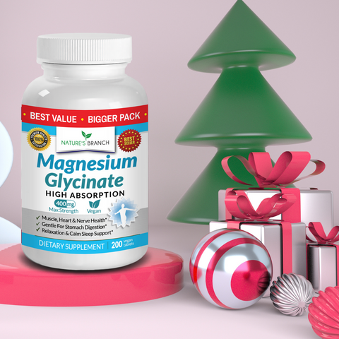 Nature's Branch Magnesium Glycinate Supplement placed on a platform with some christmas decors