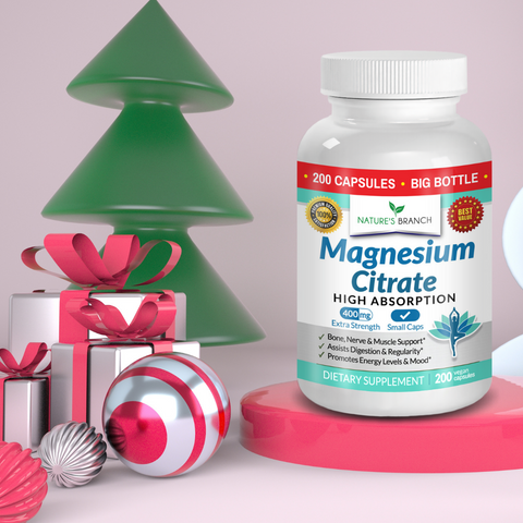 Nature's Branch Magnesium Citrate Supplement placed on a platform with some christmas decors