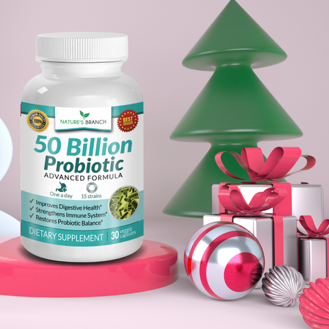 Nature's Branch Probiotic Supplement placed on a platform with some christmas decors