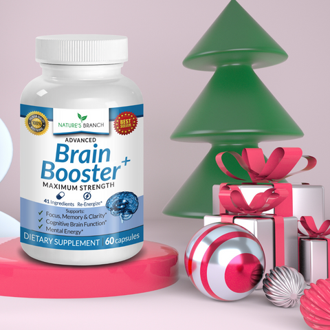 Nature's Branch Brain Booster Supplement placed on a platform with some christmas decors