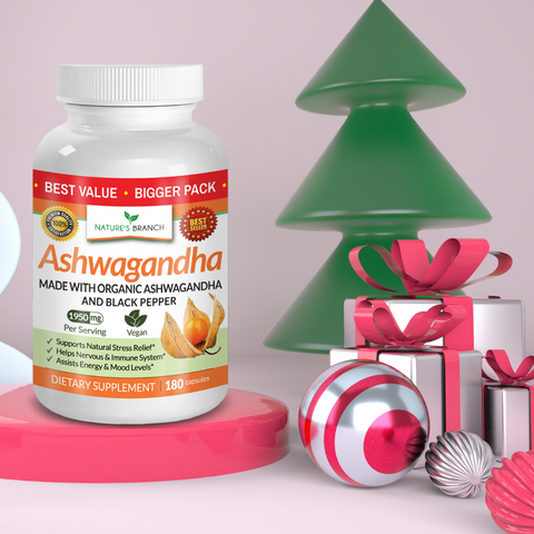 Nature's Branch Ashwagandha Supplement placed on a platform with some christmas decors