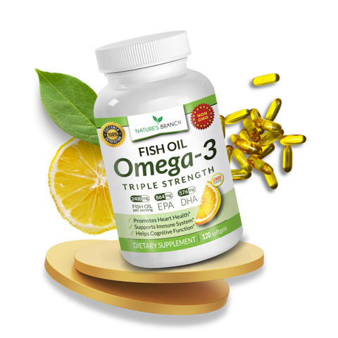 Nature's Branch Fish Oil Supplement in a circle platform with a lemon fruit, lemon leaves and fish oil softgels decor