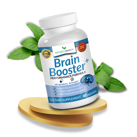 Nature's Branch Brain Booster Supplement in a circle platform with leaves decor