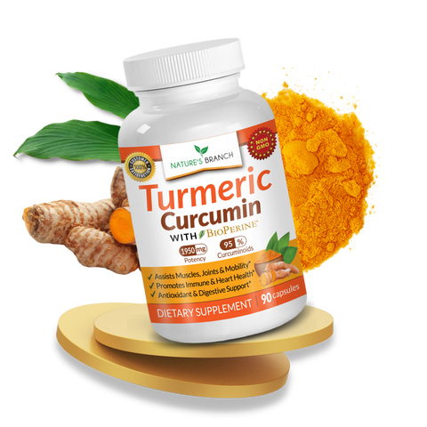 Nature's Branch Turmeric Curcumin in a circle platform with turmeric crop, leaves and turmeric powder decor