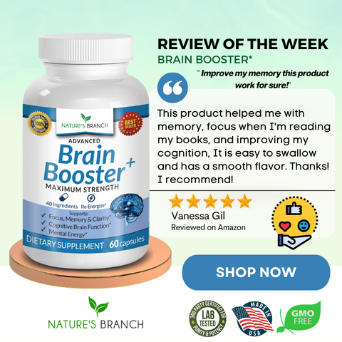 Nature's Branch Brain Booster+ Supplement bottle in a platform with a customer feedback text, product badges and a shop now button