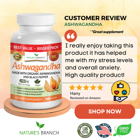 Nature's branch Ashwagandha Supplement with a customer feedback,  some product badges and shop now button