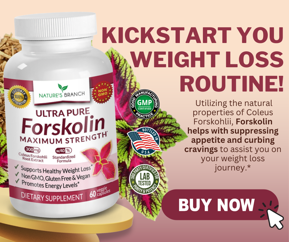Nature's branch Forskolin Supplement with a text "Kickstart your weight loss routing*", decors of forskolin leaves, some product badges and a buy now button