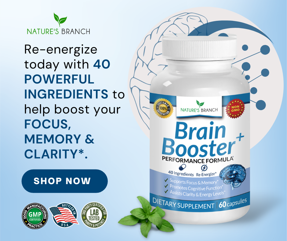 Image of Nature's Branch Brain Booster Supplement with leaves at the bottom and brain neurons in its background, Nature's Branch Logo, GMP Logo, Bottled in the USA Logo and 3rd Party Tested Logo. A text label saying Re-energize today with 40 POWERFUL INGREDIENTS to help boost your FOCUS, MEMORY & CLARITY*.