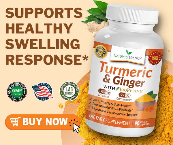 Nature's branch Turmeric & Ginger Supplement with a text "Supports Healthy Swelling response*", Product badges, a Click buy now button with product decors ginger crop with leaves and turmeric powder