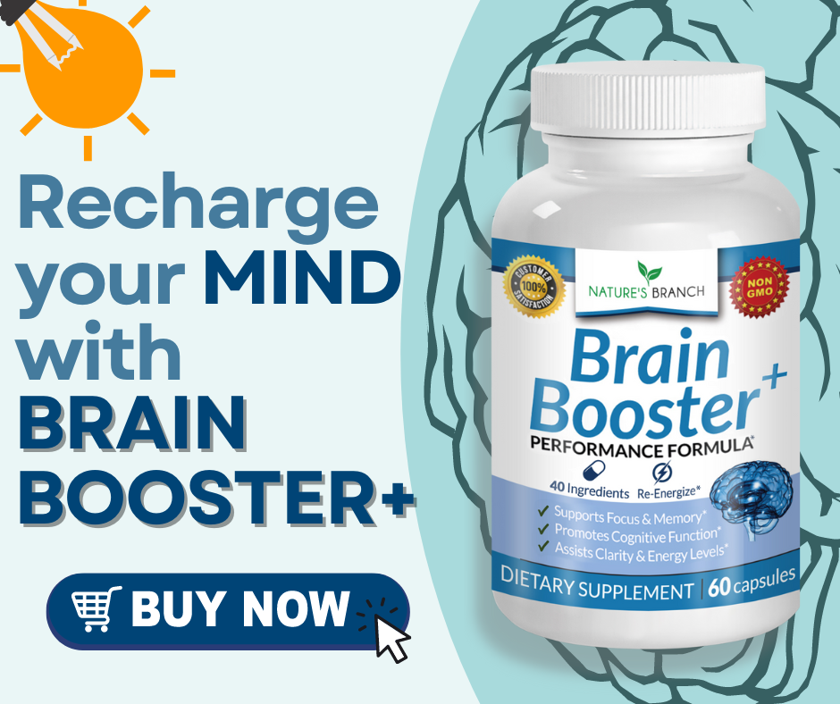 Nature's Branch Supplement with a light bulb decor and a text "Recharge your mind with Brain Booster*" and a Buy now click button