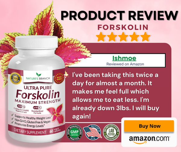 Image of a Forskolin Supplement Bottle with Forskolin leaves, Product Badges, five stars and Amazon Buy now button. With a short paragraph of a product review