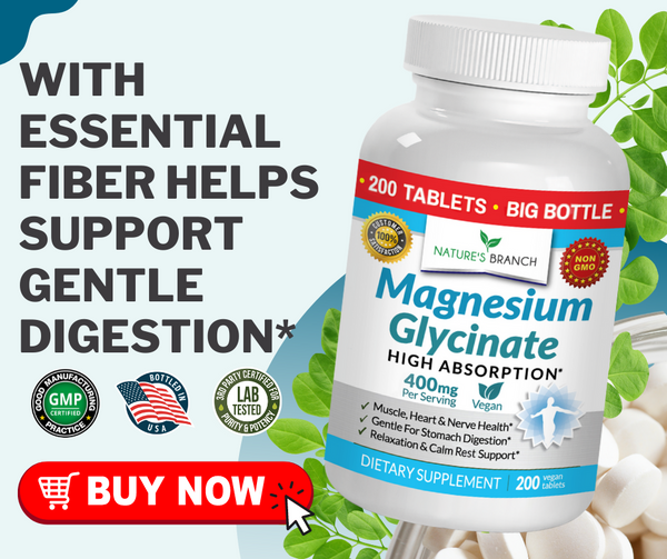 Nature's branch Magnesium Glycinate  with a text "With essential fiber helps support gentle digestion*", decors of leaves, some product badges and a buy now button