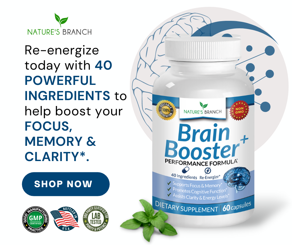 Nature's Branch Brain Booster Supplement that has an image text "Re-energize today with 40 POWERFUL INGREDIENTS to help boost your FOCUS, MEMORY & CLARITY*." with Product badges and Shop Now Button