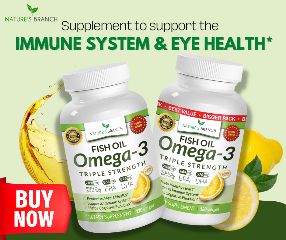 Nature's branch Omega-3 Fish Oil Supplement with a text "supplement to support the immune system and eye health", lemons and splash of fish oil and a buy now button