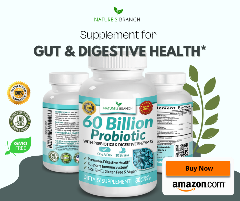 Nature's branch Supplement with a text "supplement for gut & digestive health", some product badges and an Amazon buy now button