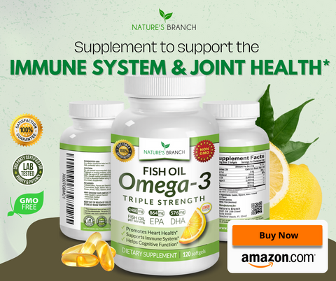 Nature's branch Omega-3 Fish Oil Supplement with a text "supplement to support the immune system & joint health*", decors of lemon fruit and leaves, fish oil softgels, some product badges and an Amazon buy now button