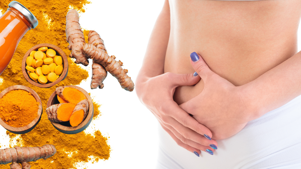A woman with her hands placed to her stomach and some turmeric powder and crop as decors