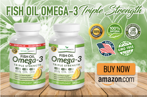 Nature's Branch Omega-3 Fish Oil Supplement with fireworks at the background, Product badges and an amazon.com Buy Now Button