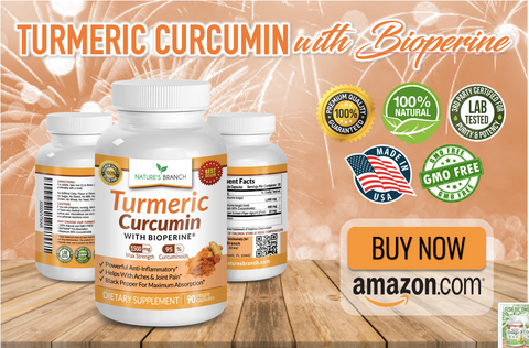 Nature's Branch Turmeric Curcumin Supplement with fireworks at the background, Product badges and an amazon.com Buy Now Button