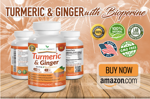 Nature's Branch Turmeric & Ginger Supplement with fireworks at the background, Product badges and an amazon.com Buy Now Button