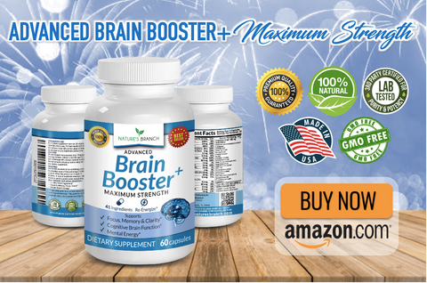 Nature's Branch Brain Booster Supplement with fireworks at the background, Product badges and an amazon.com Buy Now Button
